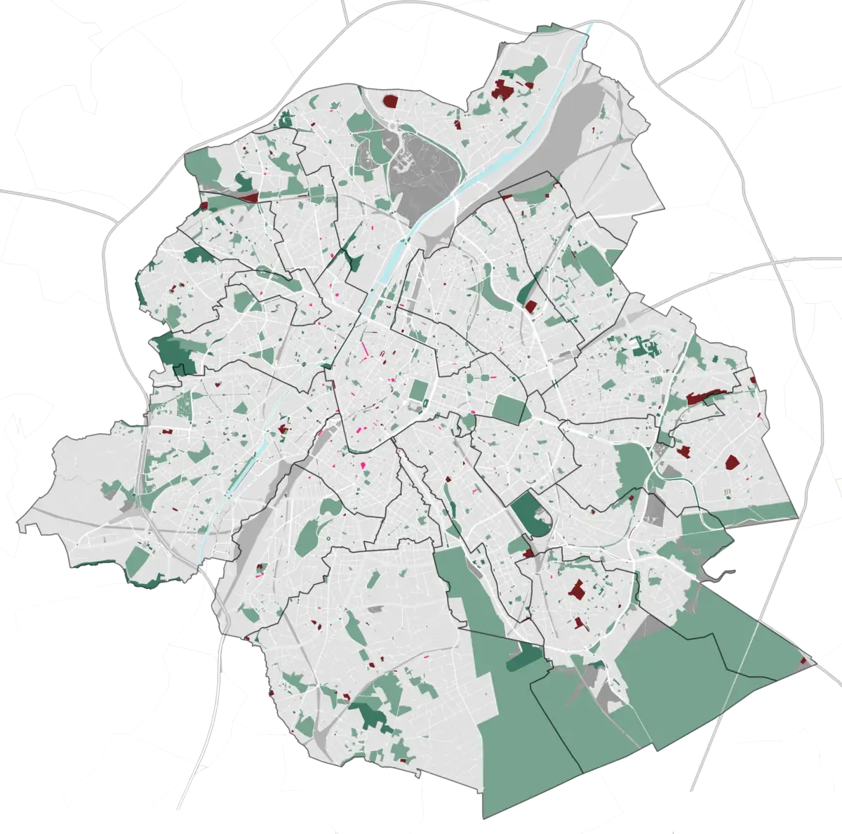 Carte de l'evolution des espaces verts entre 2008 et 2021