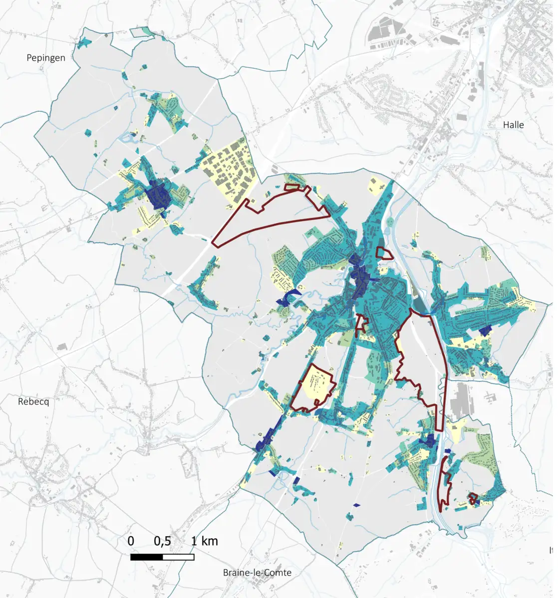 Carte indiquant l'évolution du bâti depuis 1777 à Tubize